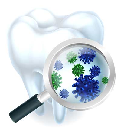 A tooth with a magnifying glass held close to see the bacteria.