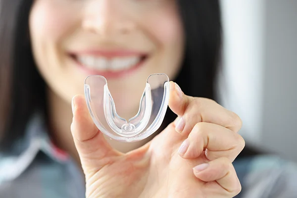 Close up of a simple mouthguard being held up by an excited white woman at Coulter Family Dentistry in Spokane Valley, WA